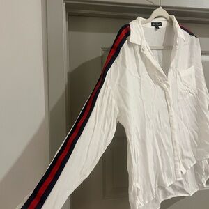 White Button-Up Shirt with Red and Blue Stripes